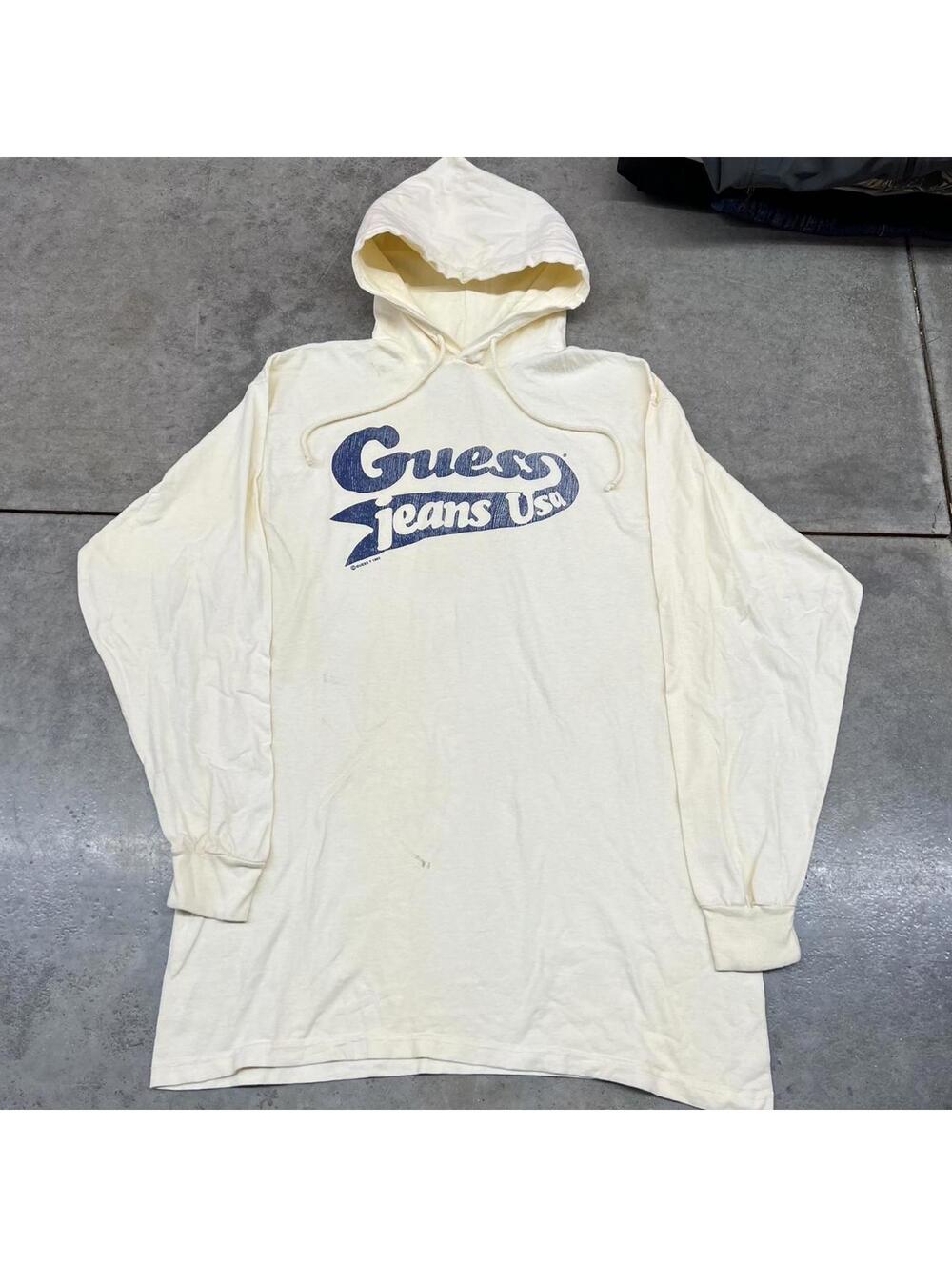 vintage guess jeans beige made in usa big logo hoodie size large